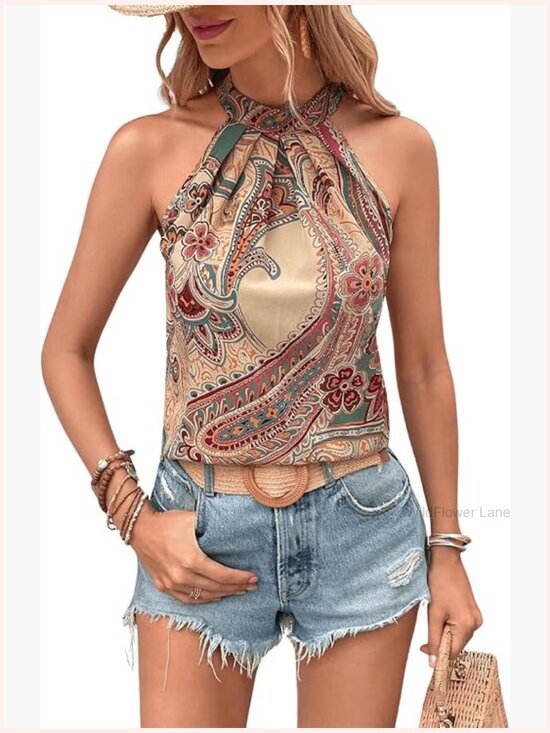Tops - Tropical Paisley Print Halter Blouse Sleeveless Boho Button Back Top
